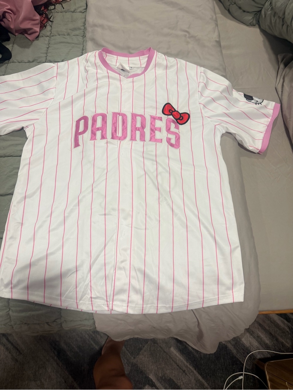 Hello Kitty White Pinstripe 'PADRES' Tee with Pink Trim